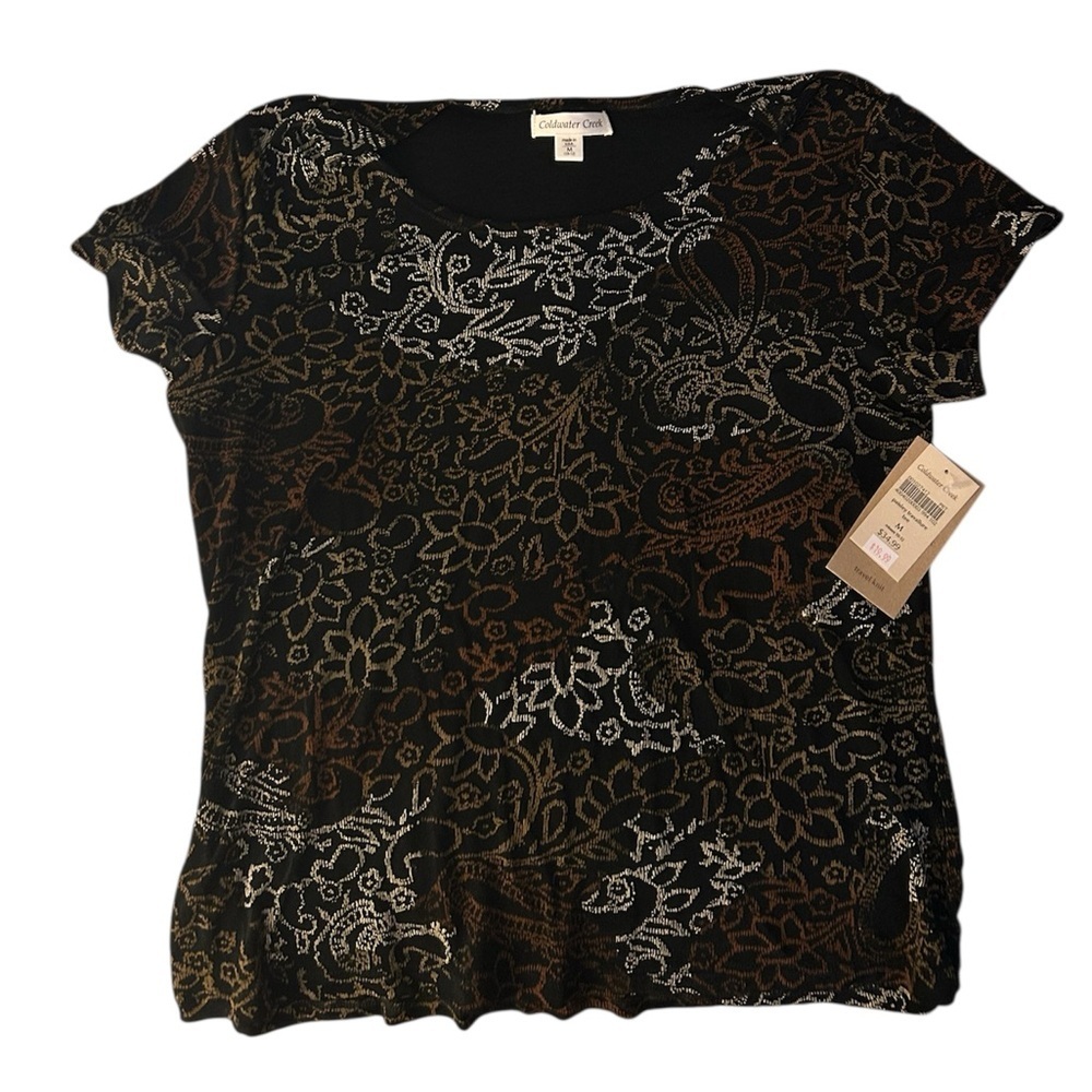 NWT Coldwater Creek Floral Abstract Brown and Black Short Sleeve Top
